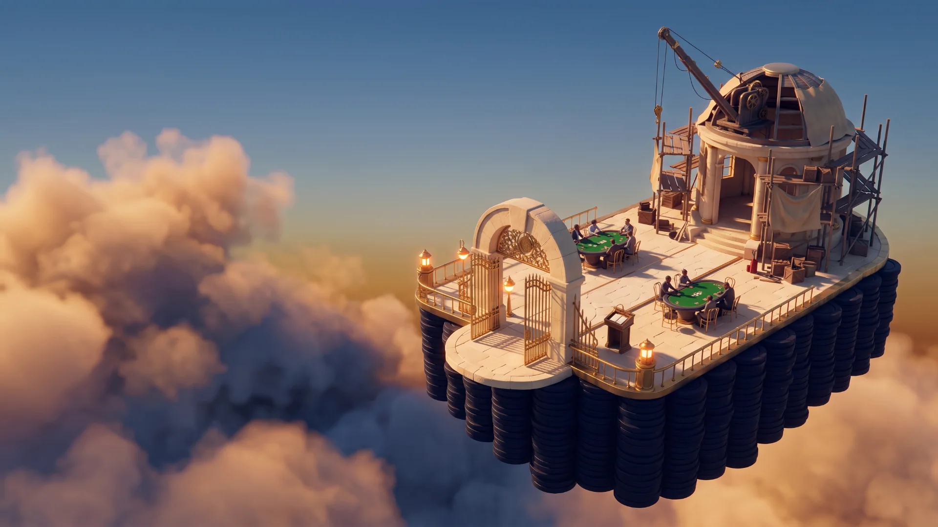 A small floating island with its gates open onto two poker tables, and a domed study beside them still under scaffolding.
