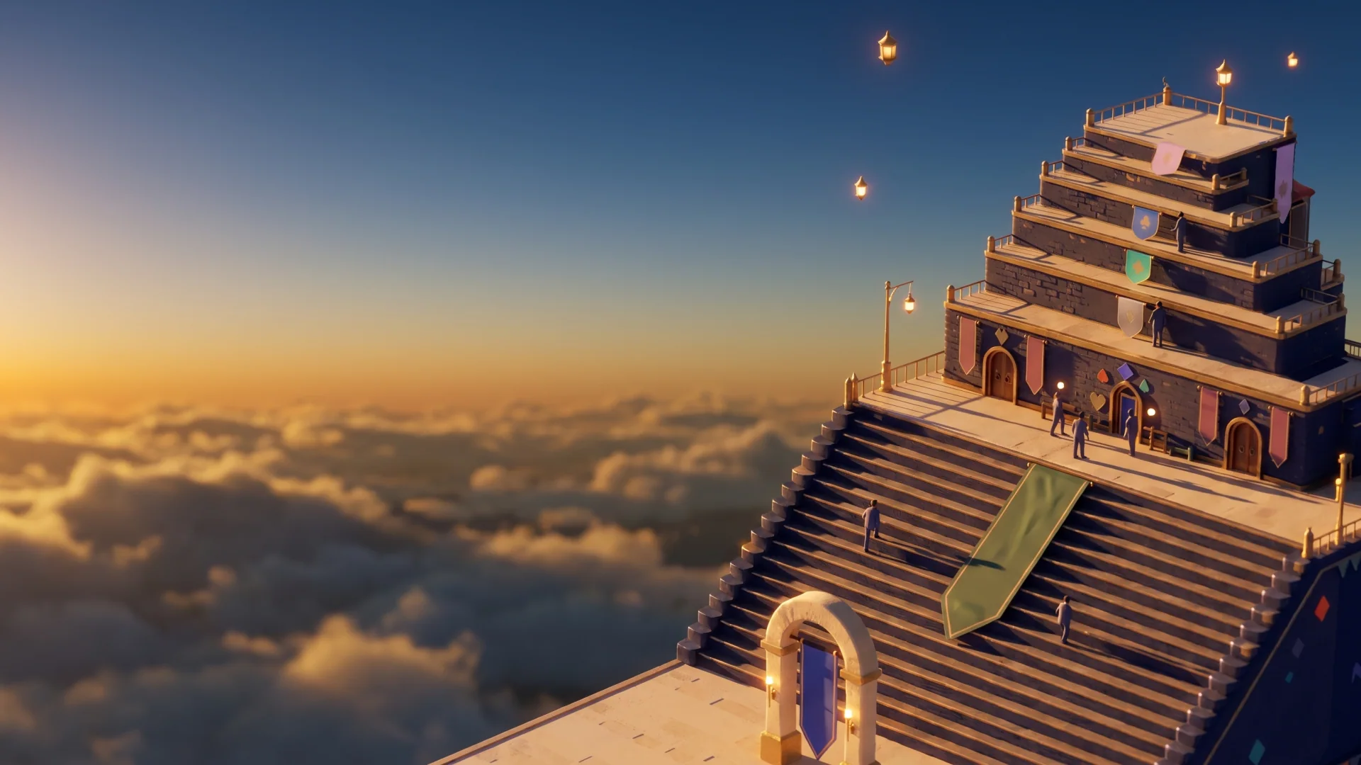The ranked tower at golden hour: an arch with a blue banner at the foot of a wide stair, and a banner or shield for each arena on the tiers above, up to Spade Keep.